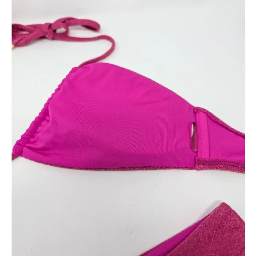 Monday Swimwear Pink Metallic Shimmer Bikini Set Small High Cut Halter
